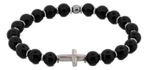 Sterling Silver Cross Black Onyx Beaded Bracelet