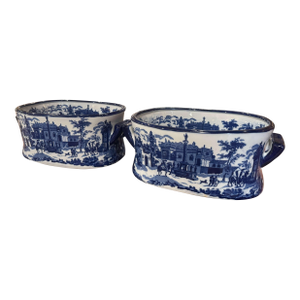 Pair of Vintage Chinese Porcelain Jardinieres With Architectural Scene