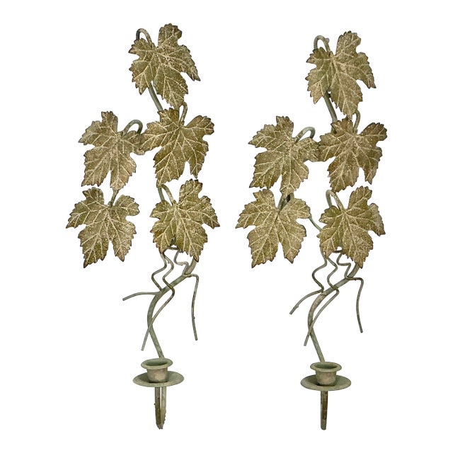 1950s Vintage Italian Rustic European Tole Leaf Candle Sconces - A Pair. For Sale