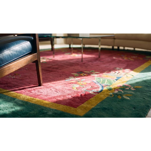 Textile 1920s Pink Floral Antique Antique Chinese Rug by Nichols Workshop 8' 9"x 11' 4" Handknotted Wool Carpet For Sale - Image 7 of 9