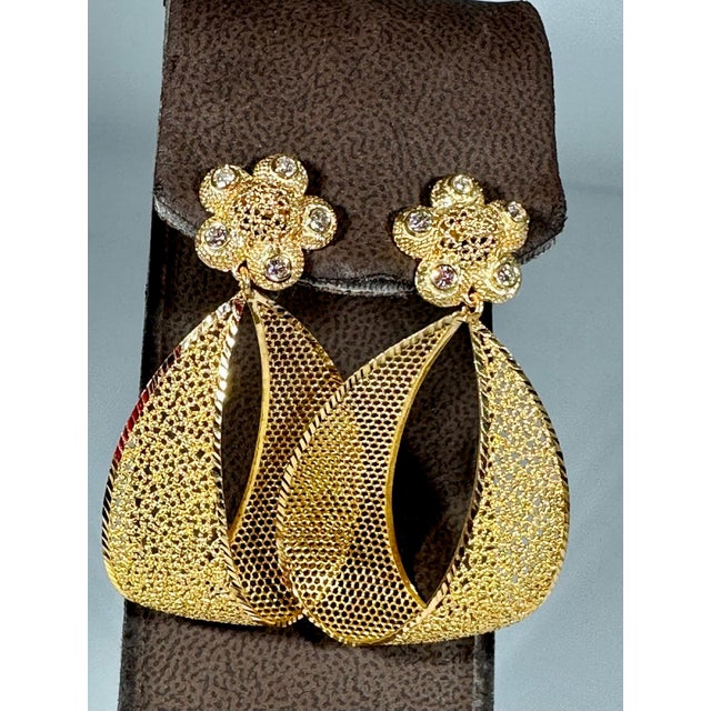 Gemstone Vintage 21 Kt Yellow Gold 12.8 Gm Dangling Earrings With Diamonds, 2.2 Inch Long For Sale - Image 7 of 18