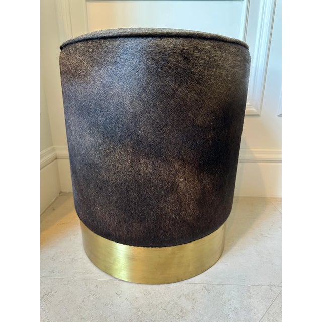 Postmodern Vintage Hair-on-Hide & Brass Plinth Stool /Ottoman by Arteriors For Sale - Image 3 of 11