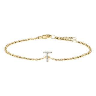 10K Yellow Gold Diamond Accent "T" Initial Charm and Link Bracelet For Sale