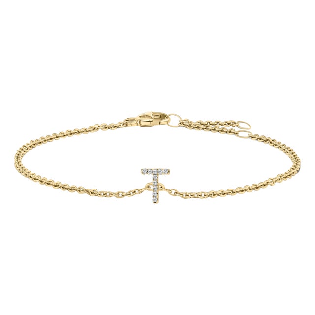 10K Yellow Gold Diamond Accent "T" Initial Charm and Link Bracelet For Sale