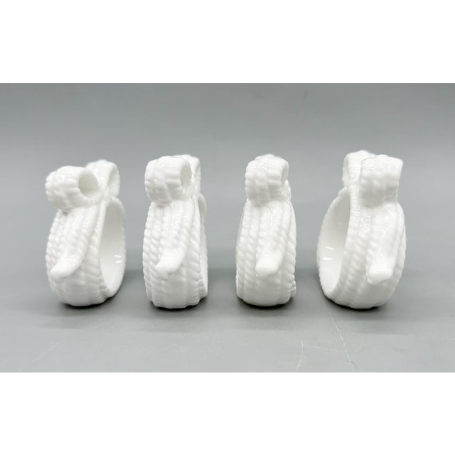 Vintage White Ceramic Bow Napkin Rings — Coastal / Traditional / Hollywood Regency - Set of 4 For Sale In Houston - Image 6 of 9