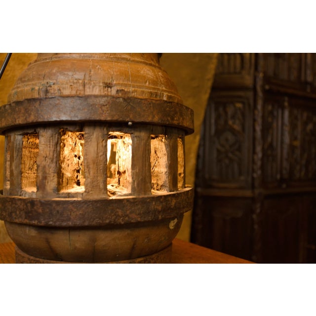 Antique Wooden Pendulum Wheel Lamp For Sale - Image 4 of 9