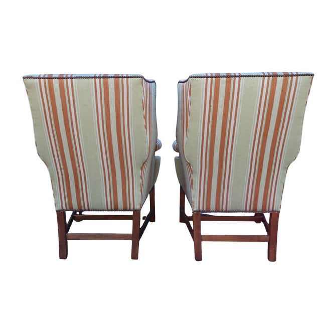 Vintage Baker Furniture Celadon & Rust Striped Wingback Chairs With Nailhead Trim — Pair For Sale - Image 18 of 18