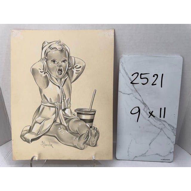 1940s Original Signed Graphite Illustration of Yawning Toddler With Cup, 11 × 9 In. For Sale In Atlanta - Image 6 of 6