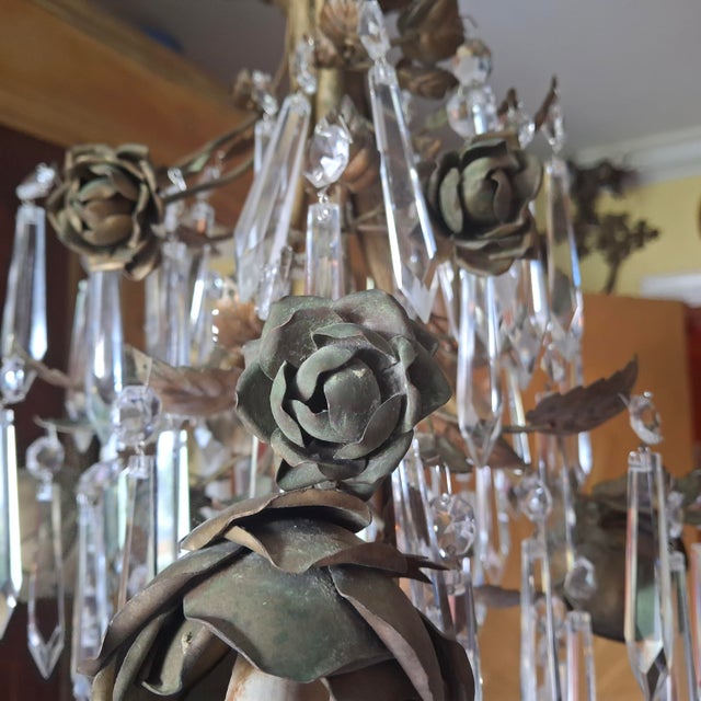 1940s 1940s Hollywood Regency Gilt & Verdigris Bronze/ Tole/ Crystal Pendant Chandelier For Sale - Image 5 of 12