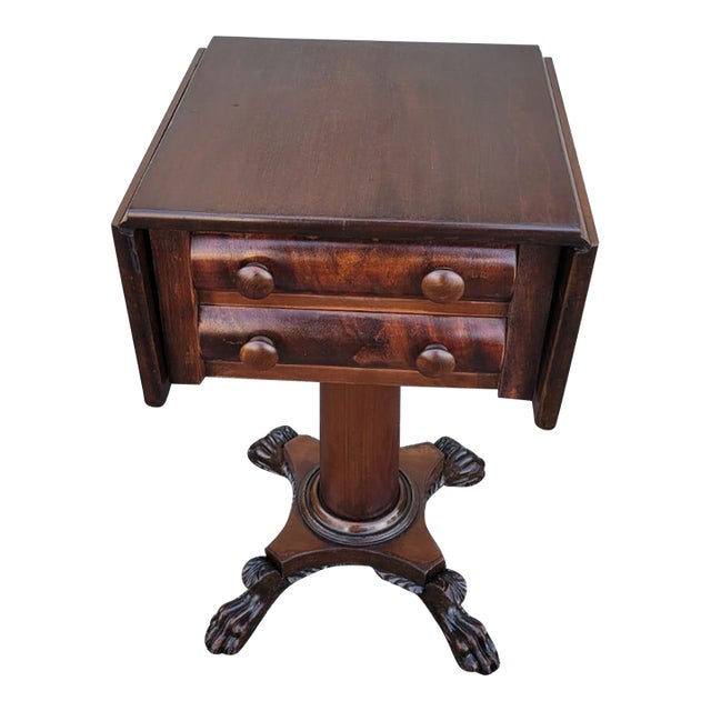 19th Century Mahogany Empire Drop Leaf End Table Hand Carved For Sale