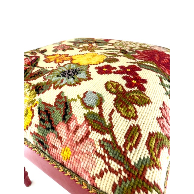 1990s Vintage Needlepoint Floral Stool With Turned Legs in Berry Red For Sale - Image 5 of 18