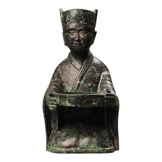 Ancient Chinese Bronze Kneeling Figure Lamp Base With Inscription – Ritual Oil Lamp Stand Sculpture For Sale