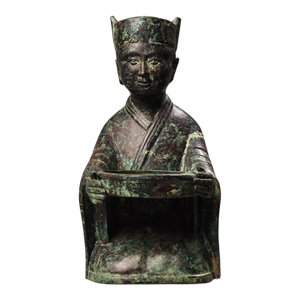 Ancient Chinese Bronze Kneeling Figure Lamp Base With Inscription – Ritual Oil Lamp Stand Sculpture