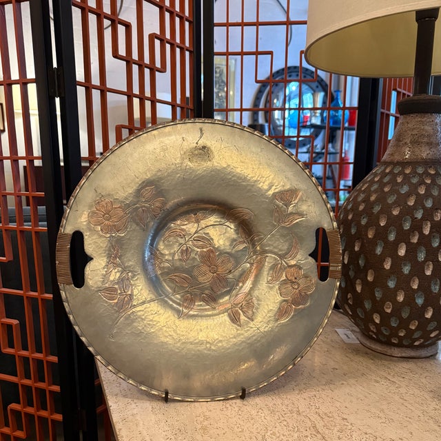 Mid-Century Modern Mid 20th Century Large Aluminum and Rattan Decorative Floral Motif Serving Tray For Sale - Image 3 of 10
