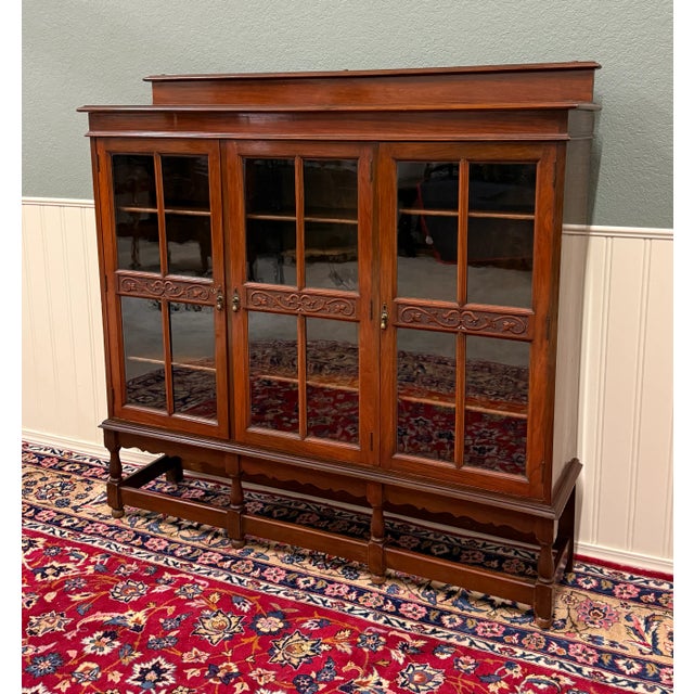 Antique English Jacobean Bookcase Bookshelf Cabinet Wavy 3 Door Glass Mahogany For Sale - Image 12 of 14