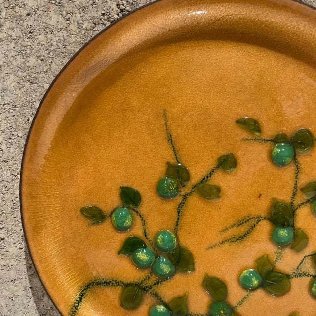 Mid-Century Modern 1960s Modernist Green Pear on Gold Copper Enamel Plate For Sale - Image 3 of 11