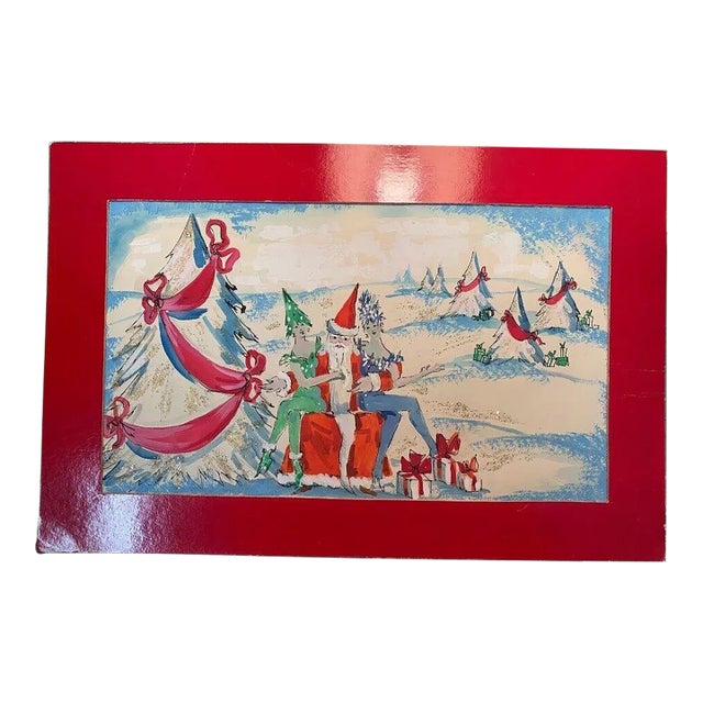 Lanvin of Paris C1950s Watercolor ‘Santa W/ Two ‘Glam’ Elves on His Lap' For Sale