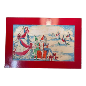 Lanvin of Paris C1950s Watercolor ‘Santa W/ Two ‘Glam’ Elves on His Lap'