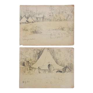 Vintage Campsite Tents Pencil Drawings - a Pair For Sale