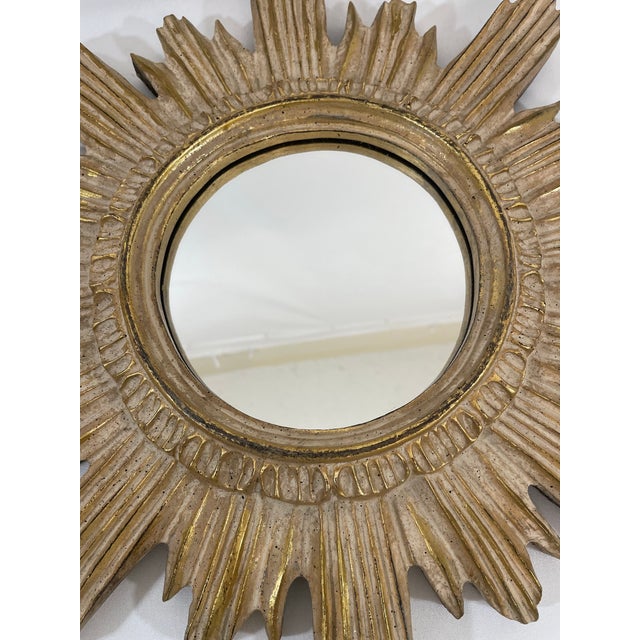 Vintage Mid Century 16.5" Creamy Giltwood Sunburst Wall Mirror For Sale - Image 9 of 18