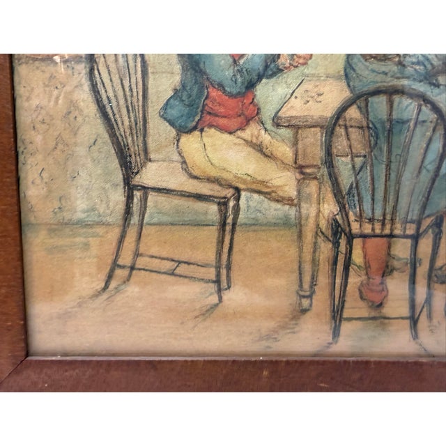 Antique 19th Century Original Men Playing Cards at Table Watercolor Painting For Sale - Image 4 of 13