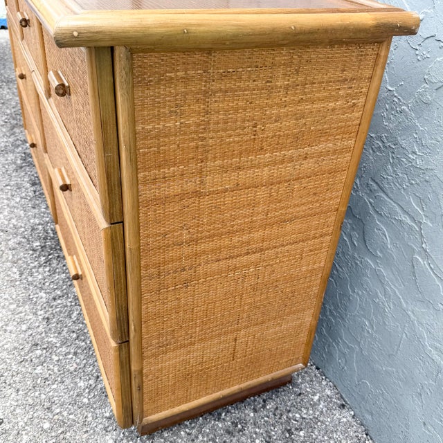 Wood Vintage Boho Chic Rattan and Wicker Dresser - 7 Drawers For Sale - Image 7 of 9
