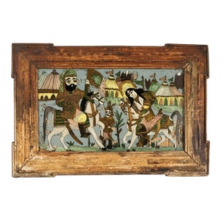 Large 19th-Century Persian Qajar Dynasty Reverse Glass Painting – Battle Encampment Scene For Sale