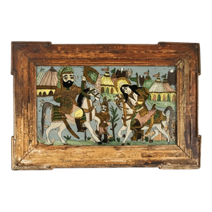 Large 19th-Century Persian Qajar Dynasty Reverse Glass Painting – Battle Encampment Scene