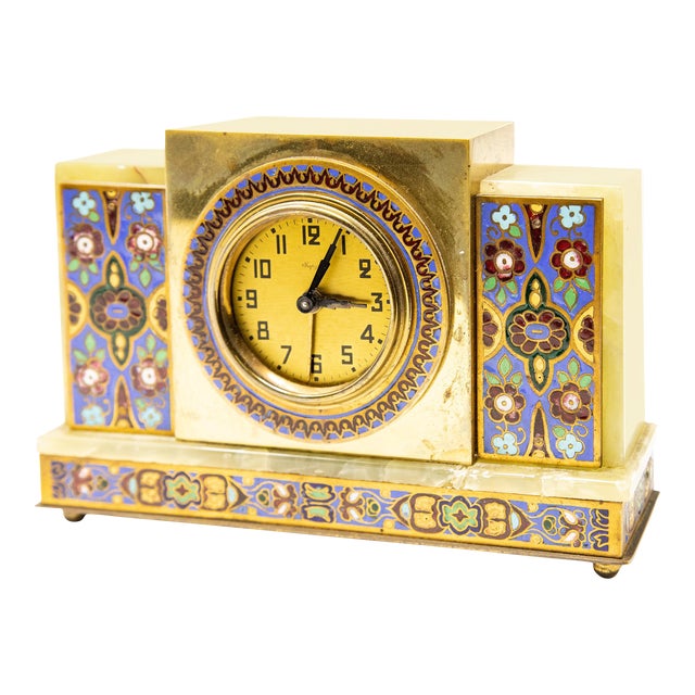 Vintage Japy Onyx and Cloisonné Alarm Clock For Sale