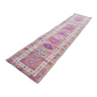 2.8 X 12.7 Vintage Boho Chic Hand Knotted Muted Coloured Carpet, Anatolian Kurdish Runner With Multi Medallion Design, Long Oushak Hall Rug For Sale