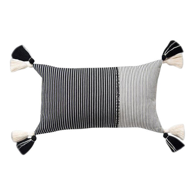 Guatemalan Black And White Striped Pillow With Pom Pom Tassels