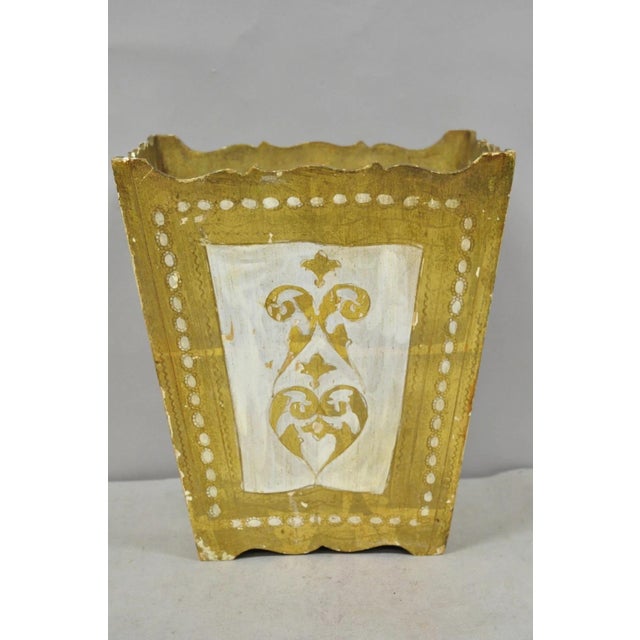 Vintage Italian Florentine Hollywood Regency Gilt Giltwood Distressed Finish Wastebasket Trash Can. Circa Mid 20th...