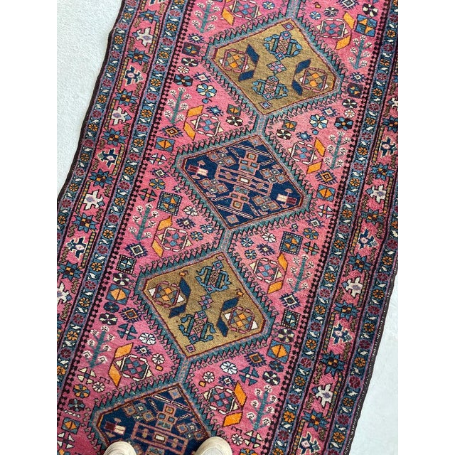 Name: WHOA - Sensational Antique Heriz Runner in Pink, Peacock Teal, Cantaloup, & Dirty Olive Size: ~ 3.3 x 14 Age:...