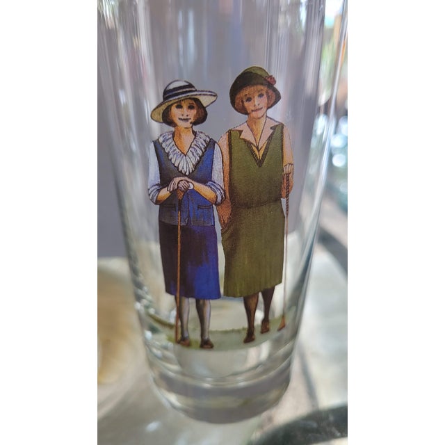 1970s Vintage Set of 4 B. Brian Atwater 1920s Ladies Golf Motif Highball Barware Glasses Gold Trim For Sale - Image 5 of 12