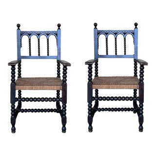 20th Century Pair of Catalan Throne Armchairs in Walnut and Caned Seats For Sale