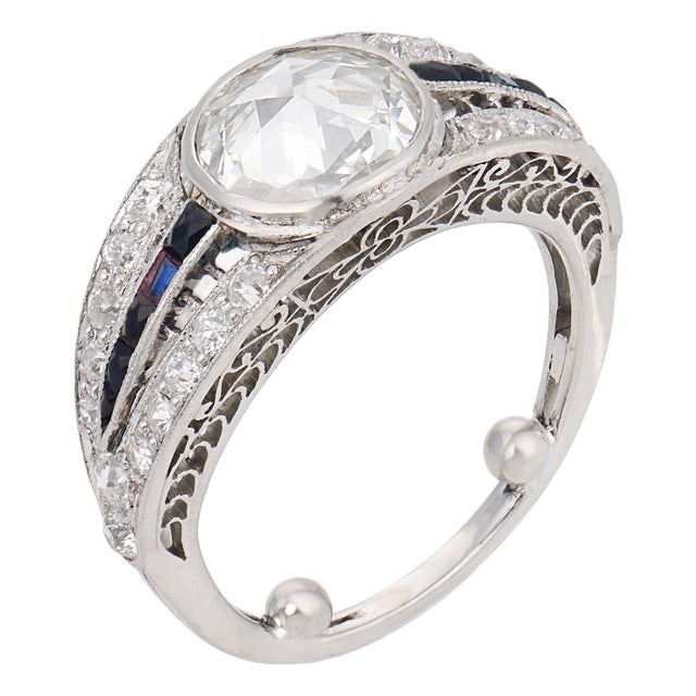 1920s Art Deco Gia 1.06 Carat Rose Cut Diamond Onyx Platinum Engagement Ring, Size 4.25 For Sale