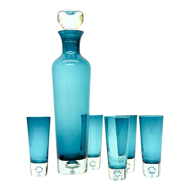 Tall & Teal 1950s Elegant Glass Decanter and Shot Glasses - 6 Pieces For Sale