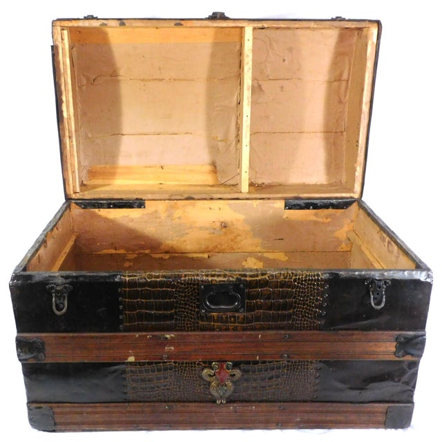 Antique Alligator Skin Design Metal, & Oak Slats Camelback Domed, Wheeled Steamer Trunk For Sale - Image 4 of 11