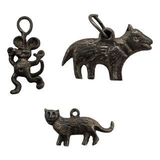 Set of Three Medieval-Themed Silver Charms Including Wolves, Mouse, & Kitty Cat For Sale