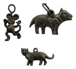 Set of Three Medieval-Themed Silver Charms Including Wolves, Mouse, & Kitty Cat