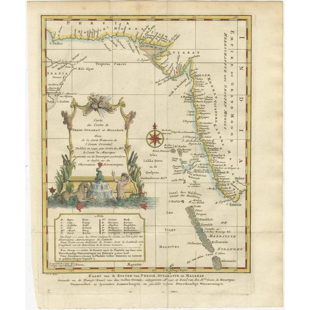 1773 bellin map of persia, gujarat and malabar coasts with arabia and maldives : this finely engraved and delicately hand-...