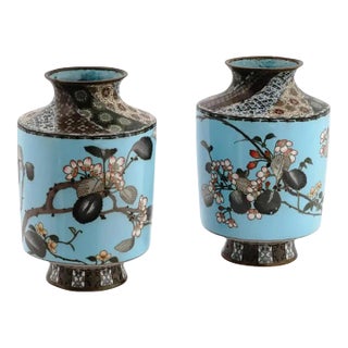 Late 19th Century A Pair of Meiji Era Japanese Cloisonne Enamel Cherry Blossom and Geometric Pattern Vases For Sale