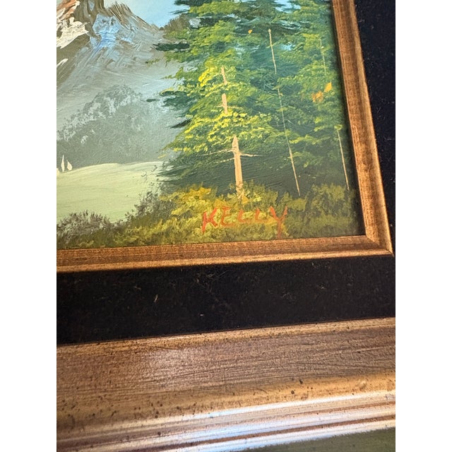 Mid-Century Modern Vintage Mid-Century Modern Mountain Lake Oil Painting Signed Kelly Wood Velvet Frame For Sale - Image 3 of 10