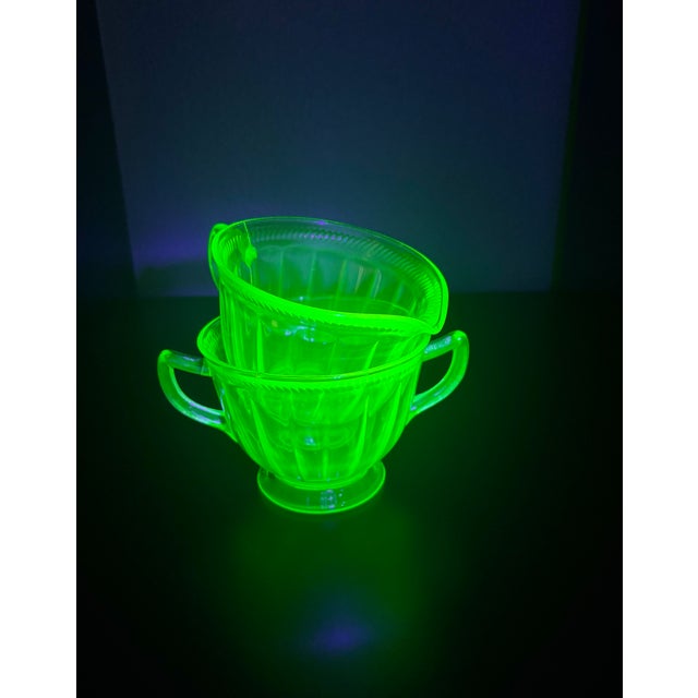 Green Early 20th Century Handblown Green Fluorescent Glass-Art Sugar & Creamer- 2 Pieces For Sale - Image 8 of 8