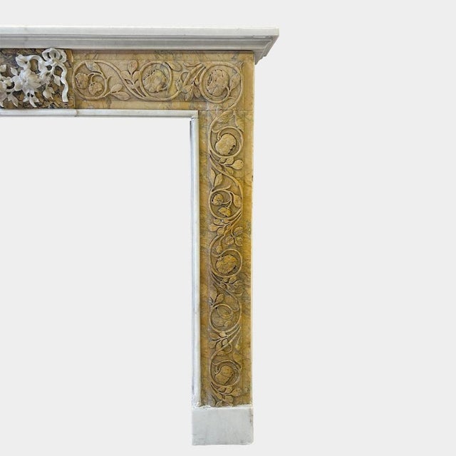 Mid 19th Century Antique Italian Carved Siena and White Marble Fireplace Mantel, 1850 For Sale - Image 5 of 10