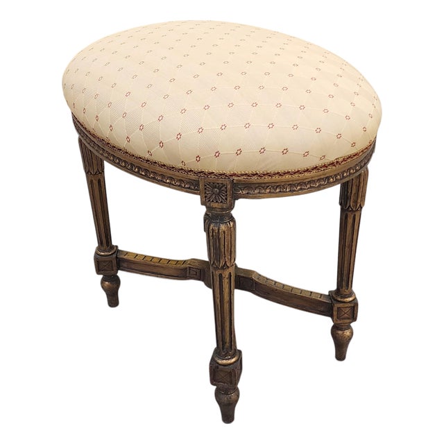 Antique 1930s French Louis XVI Style Oval Upholstered Giltwood Vanity Bench Stool For Sale