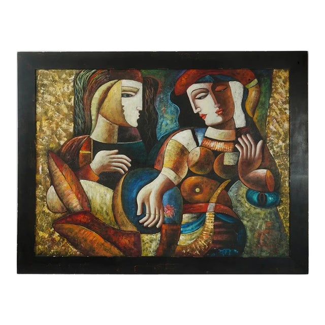 Manner of Oleg Zhivetin Cubist Oil Painting Signed For Sale