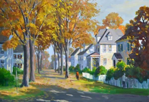 J. Holloway Street Scene at Sunset Impressionist Painting