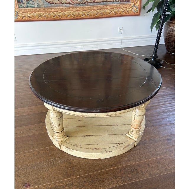 White and Wire Brushed Tobacco Round Coffee Table For Sale - Image 4 of 5