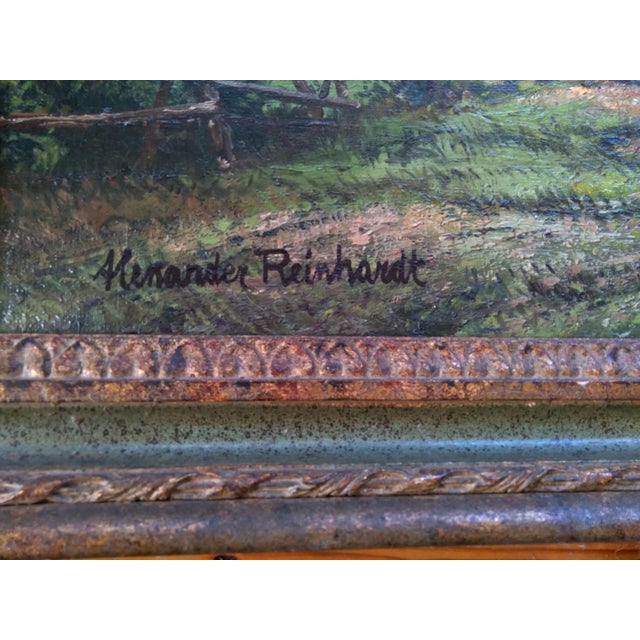 Realism 1950s Original Alpine Landscape Oil Painting by Alexander Reinhardt – Spring Blossom at the Lakeshore For Sale - Image 3 of 5